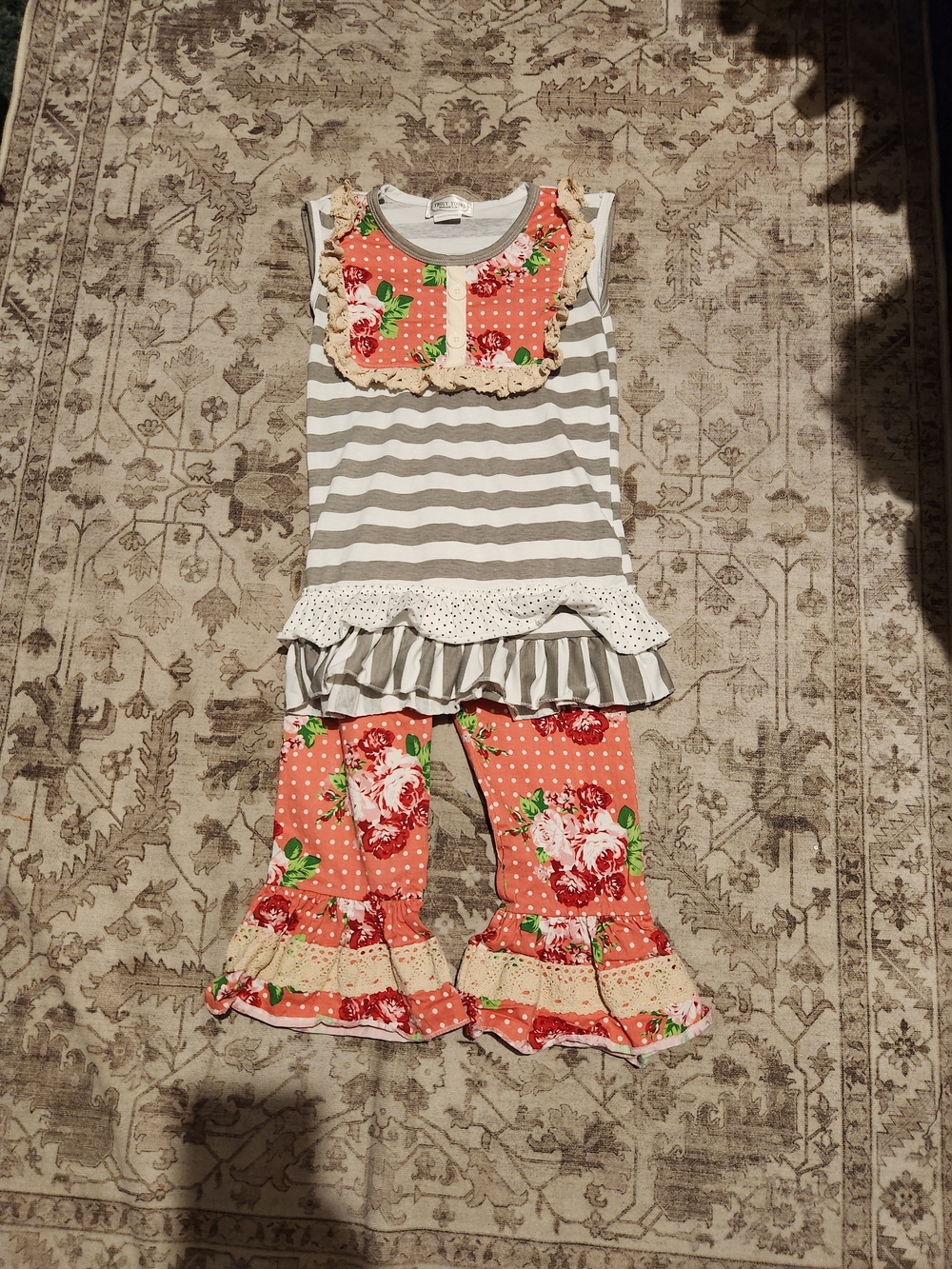 Girls Coral Floral & Gray Stripe Set with Ruffle Trim